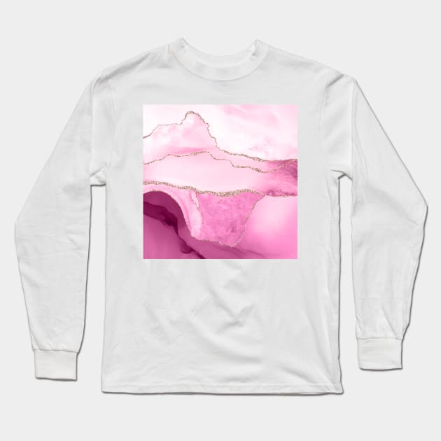 Watercolor Agate in Pink Quartz Faux Gold Veins Long Sleeve T-Shirt by PixDezines